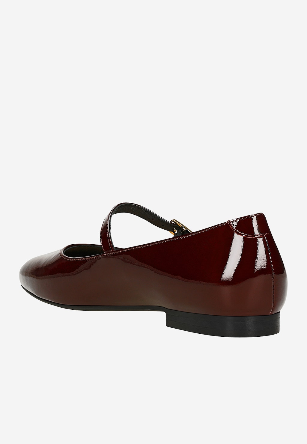 Bordowe lakierowane baleriny Wojas Mary Jane model 44055-35 z boku. Widoczny charakterystyczny pasek na podbiciu z klamrą oraz płaska podeszwa.