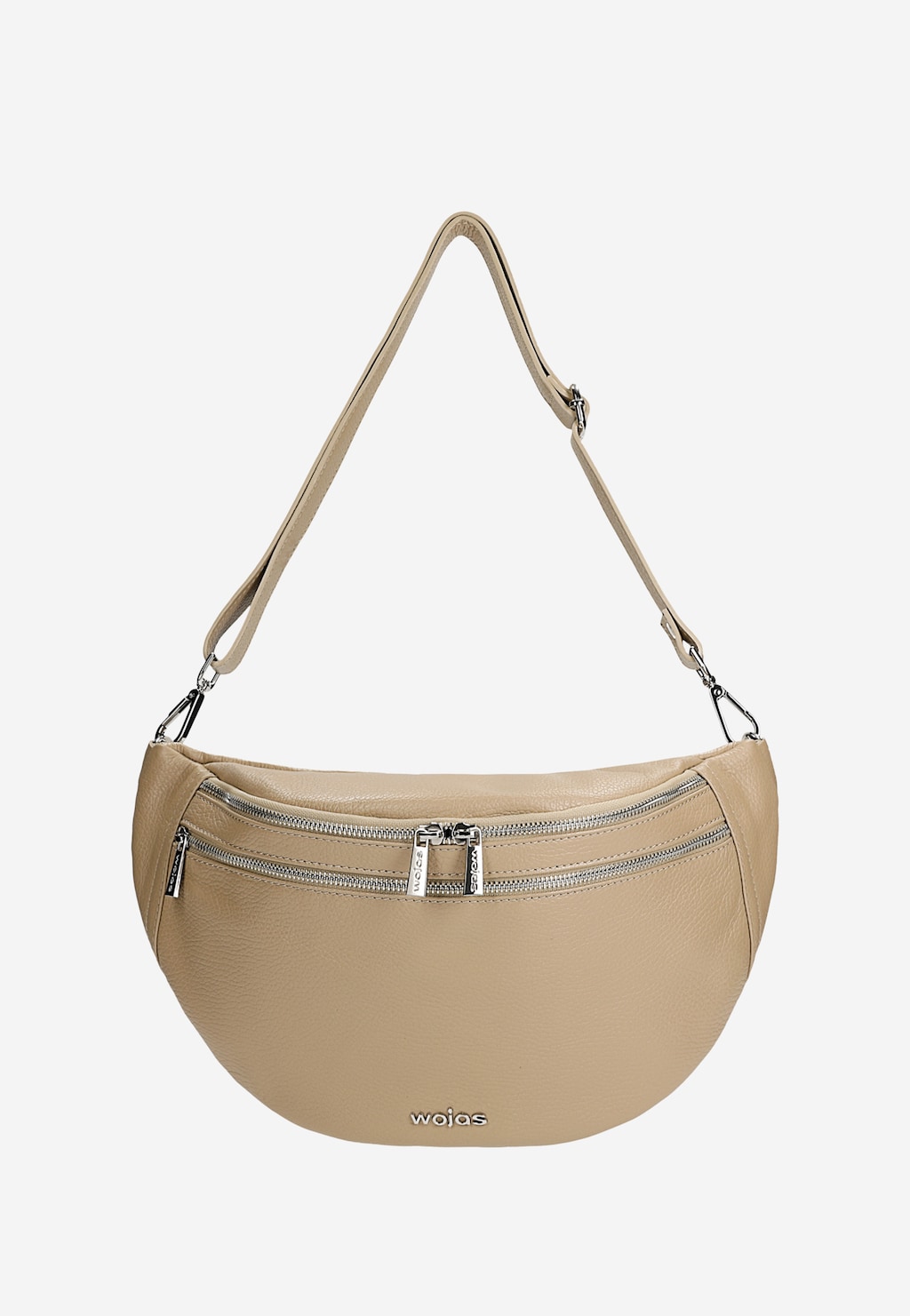 Wnętrze skórzanej beżowej torebki nerki Wojas model 80298-54 z widoczną podszewką, wewnętrzną kieszenią zapinaną na zamek i logo marki wytłoczonym wewnątrz oraz na zewnątrz.