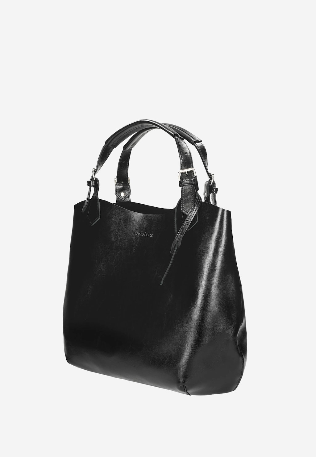 Duża czarna shopperka Wojas model 80205-51 z eleganckiej skóry, z podwójnymi uchwytami i metalowymi okuciami, idealna do codziennego noszenia.