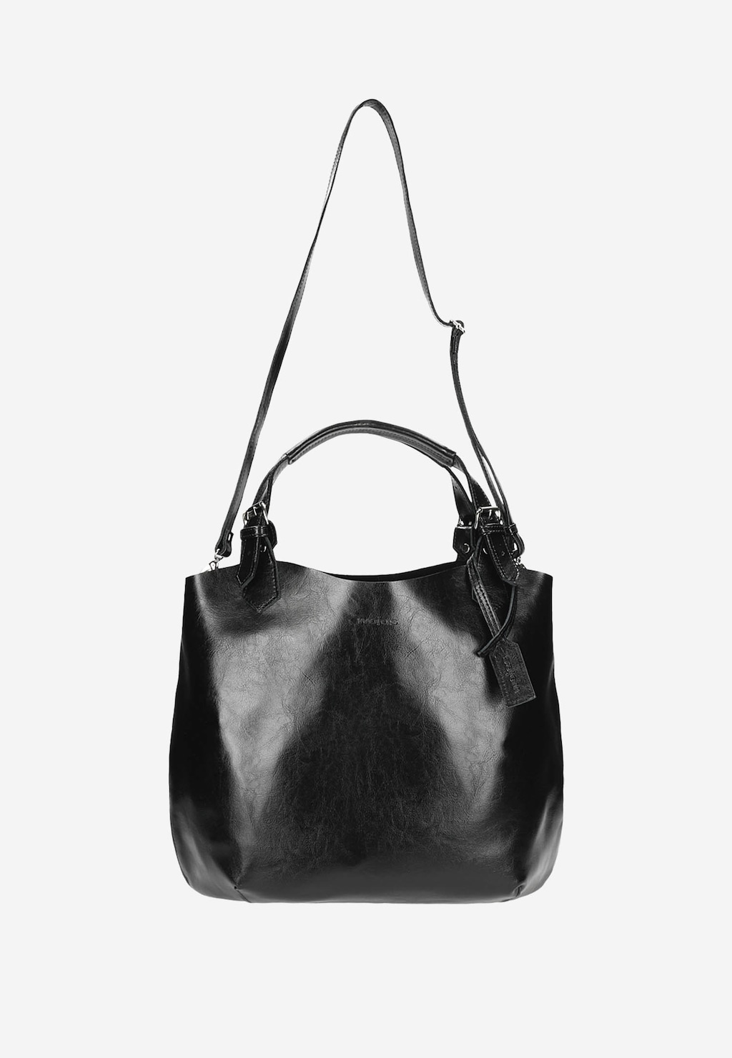 Duża pojemna shopperka Wojas model 80205-51 w kolorze czarnym z eleganckim połyskiem, wyposażona w uchwyt do ręki oraz regulowany pasek na ramię.