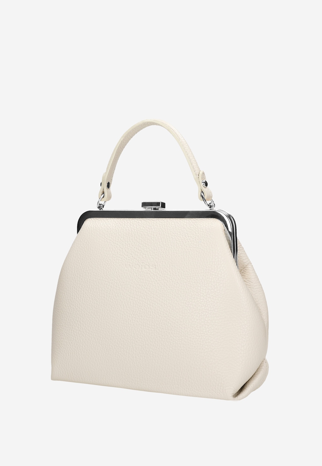 Beżowa skórzana torebka Wojas model 80257-74 typu frame bag z metalowym zapięciem i krótkim uchwytem. Elegancki, minimalistyczny design z widoczną fakturą skóry.