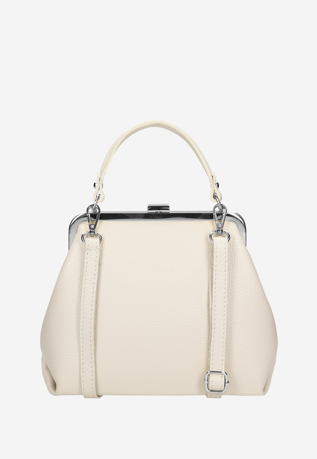 Beżowa skórzana torebka Wojas model 80257-74 typu frame bag z metalowym zapięciem na górze, krótkimi uchwytami i odpinanym paskiem na ramię.