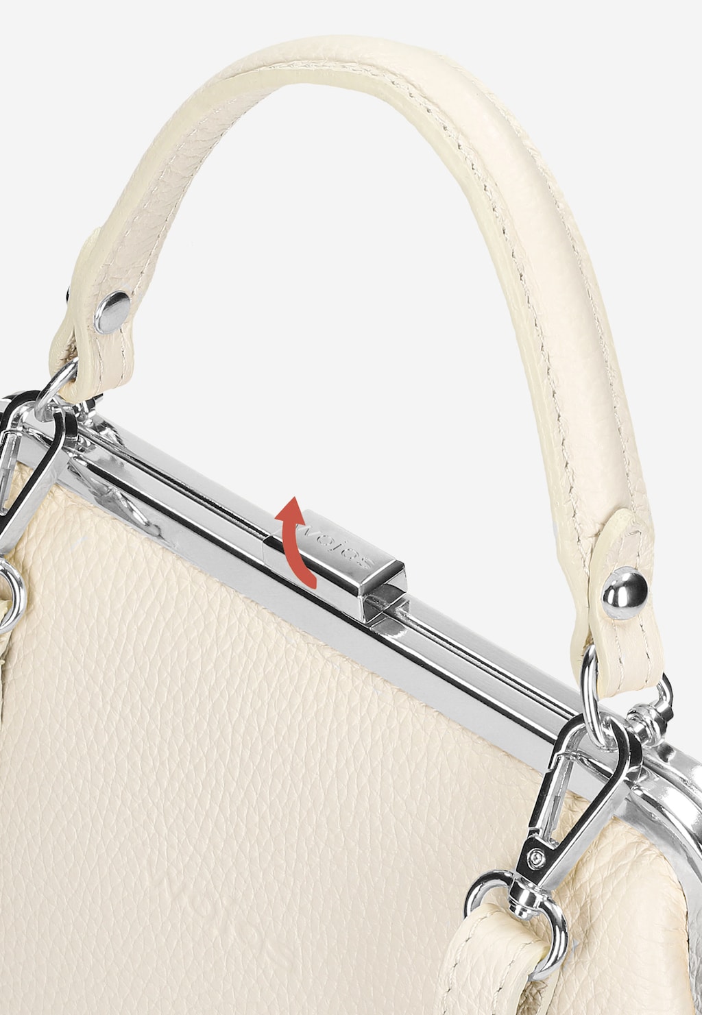 Beżowa skórzana torebka Wojas frame bag model 80257-74 z charakterystycznym srebrnym zapięciem i metalową ramą. Widoczny detal mechanizmu otwierania torebki.