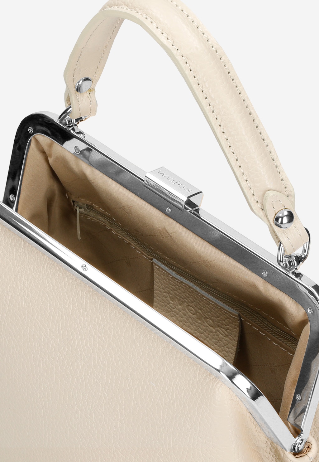Beżowa skórzana torebka frame bag Wojas model 80257-74 z metalowym zapięciem, ukazana od góry w otwartej formie, prezentująca beżowe wnętrze z kieszonką zapinaną na zamek.