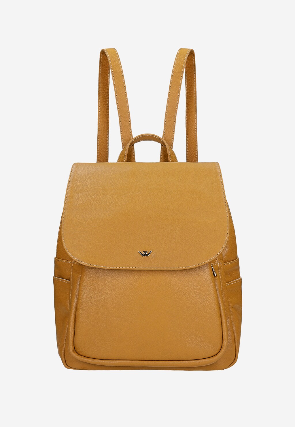 Beżowy skórzany plecak miejski Wojas model 80082-54 z elegancką klapką, widocznym logo marki i bocznymi kieszeniami. Praktyczny dodatek do stylizacji miejskich.