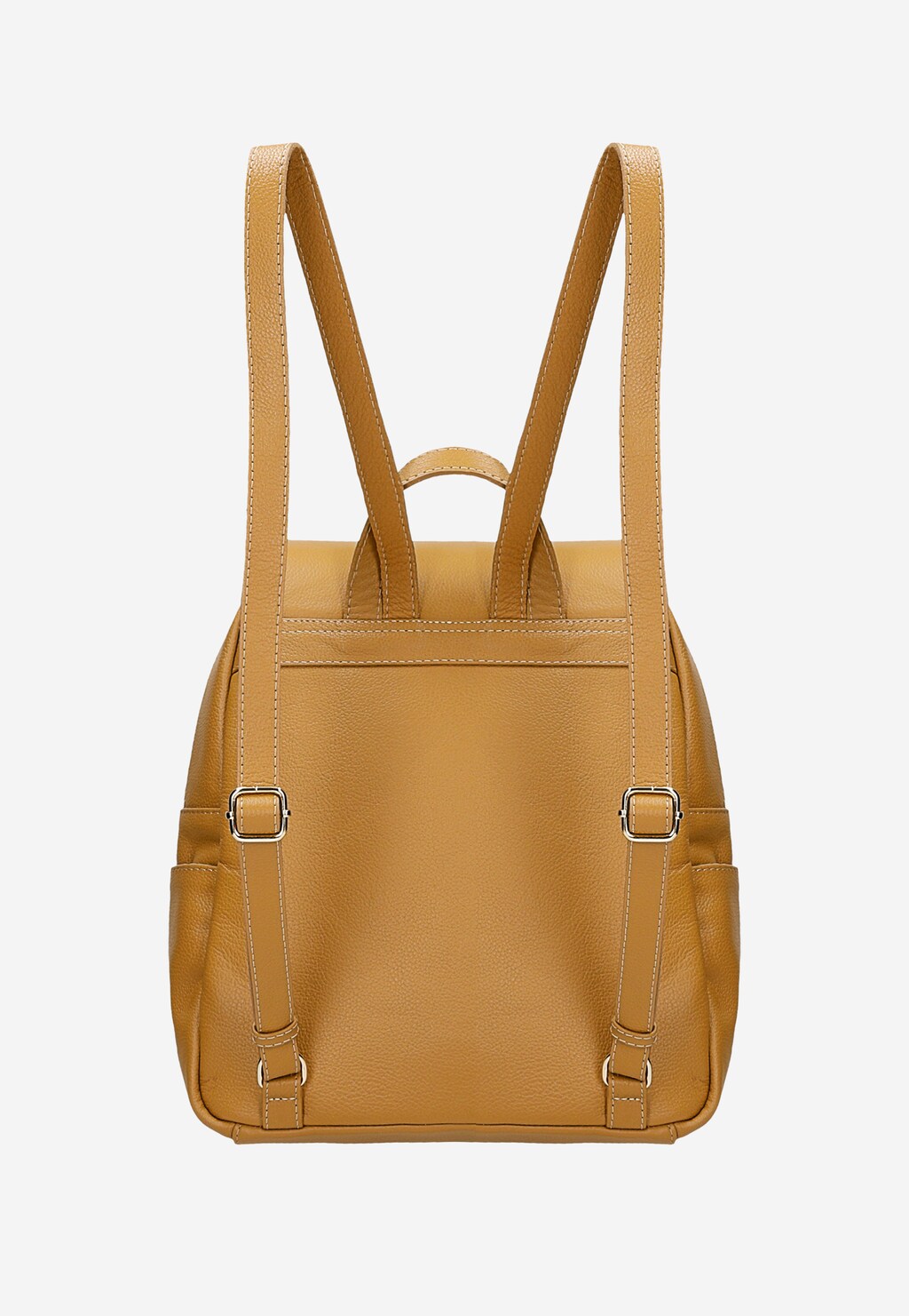 Beżowy skórzany plecak miejski Wojas model 80082-54, widok od tyłu pokazujący regulowane szelki i kieszenie boczne, z eleganckimi metalowymi klamrami.