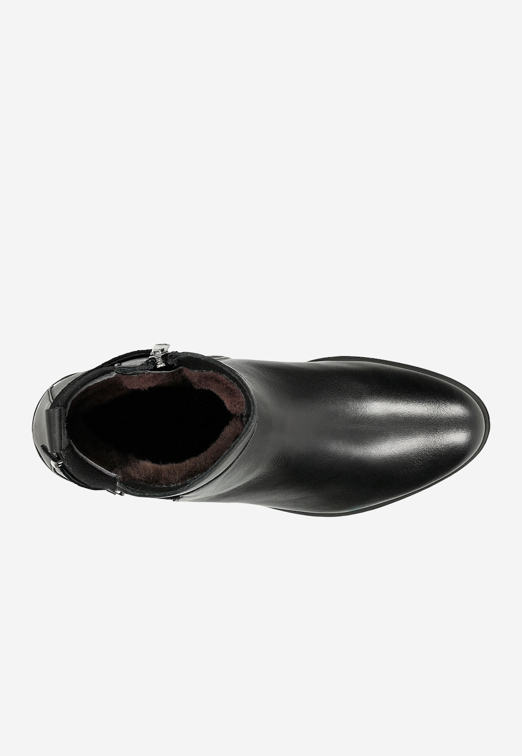 Czarne botki damskie Wojas model 55059-71 z widocznym ociepleniem ze skóry owczej, elegancki design z bocznym zamkiem, widok z góry ukazujący wnętrze buta.
