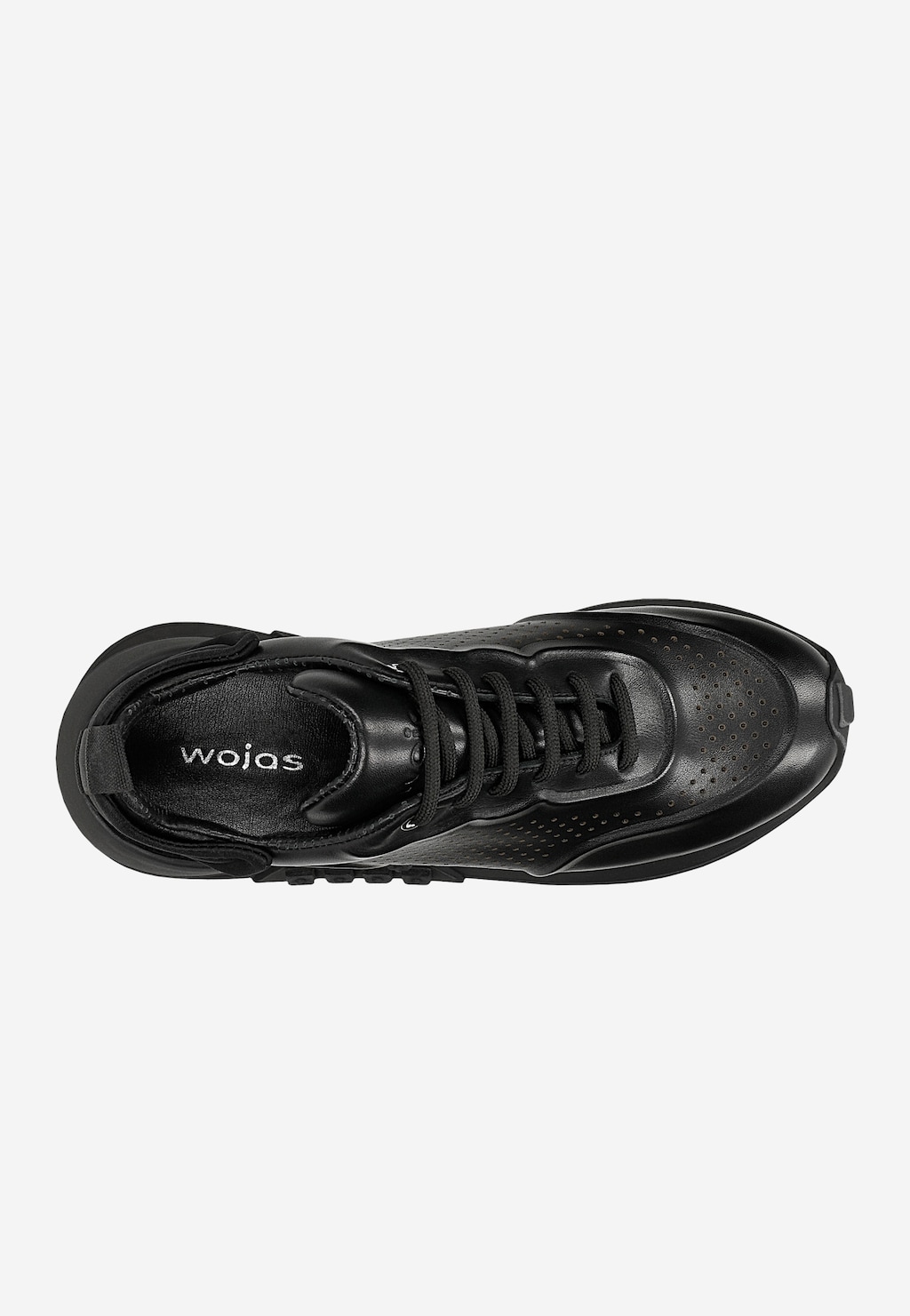 Czarne skórzane sneakersy damskie Wojas 46306-51 widoczne z góry. Buty z perforacją, czarnymi sznurówkami i wyraźnie widocznym logo marki na wkładce.