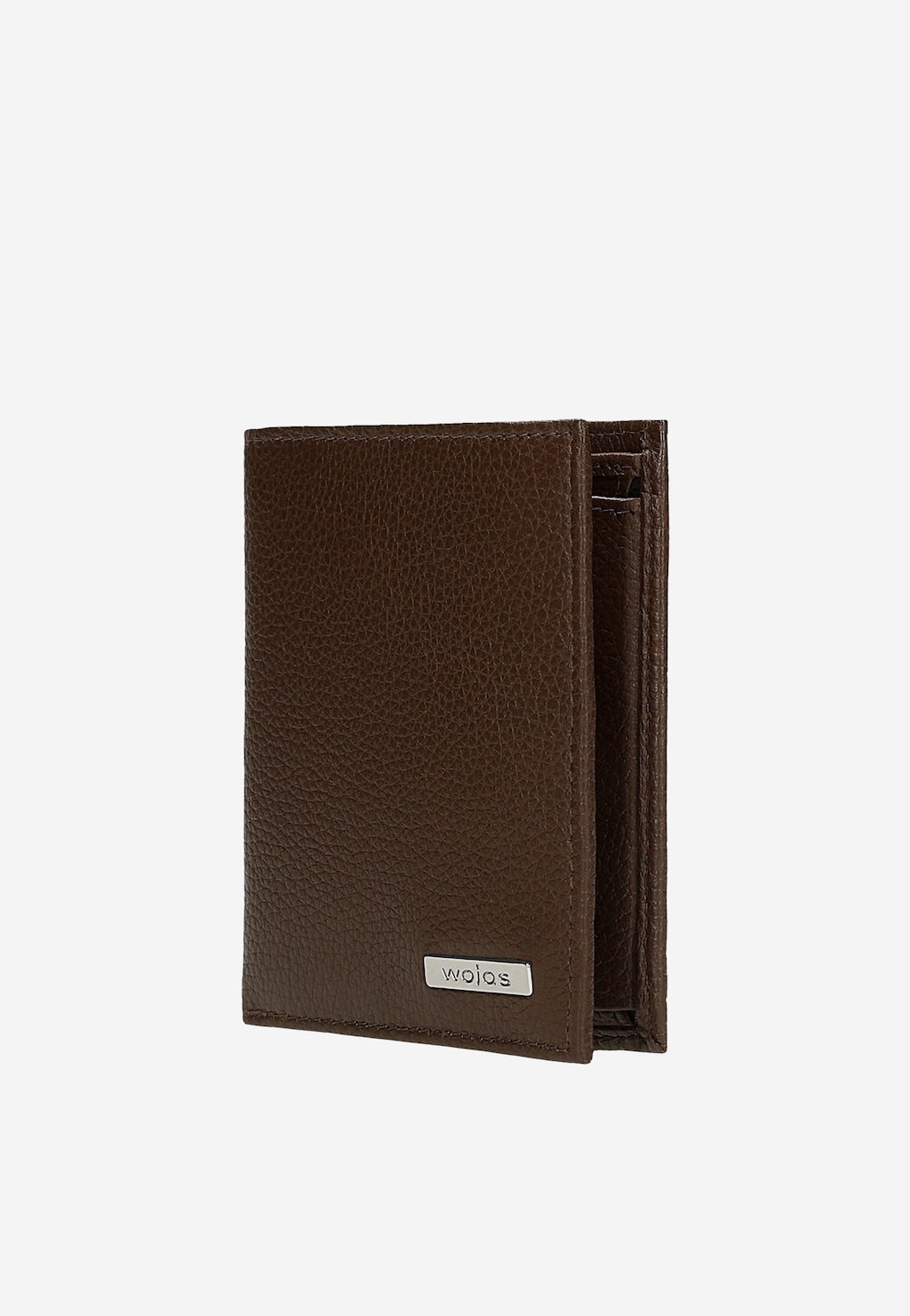 Elegancki brązowy portfel męski Wojas model 91115-52 wykonany z wysokiej jakości skóry licowej, z widocznym metalowym logo marki i wewnętrznymi przegródkami.