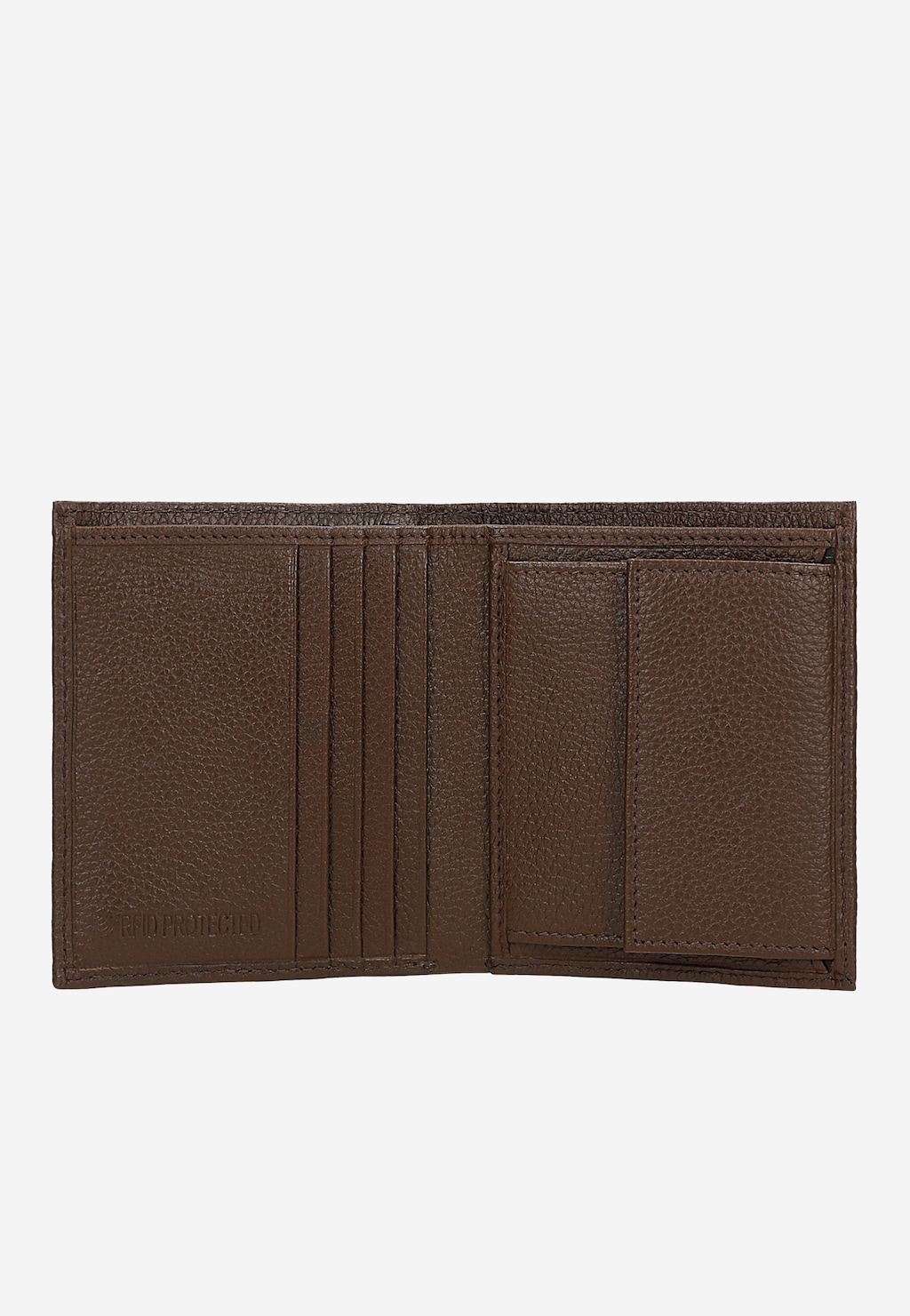 Elegancki brązowy portfel męski Wojas model 91115-52 otwarty, ukazujący wnętrze z przegródkami na karty i dokumenty, wykonany z wysokiej jakości skóry licowej.