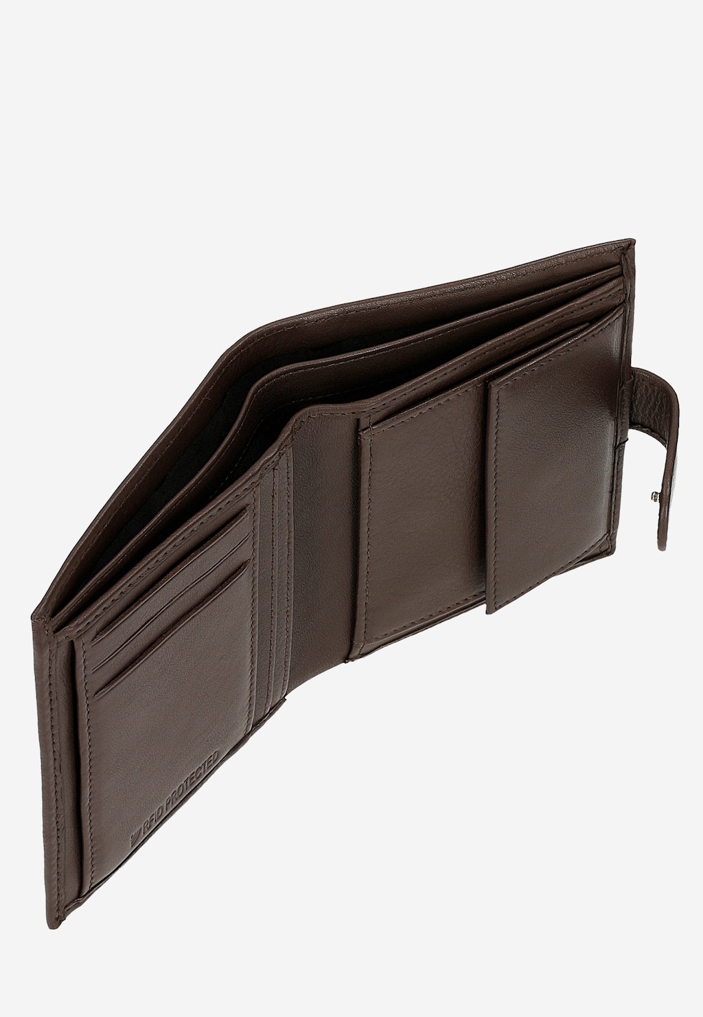 Otwarty duży skórzany portfel męski Wojas 91112-52 w czekoladowym brązie, ukazujący wewnętrzną organizację z przegródkami na karty i dokumenty.