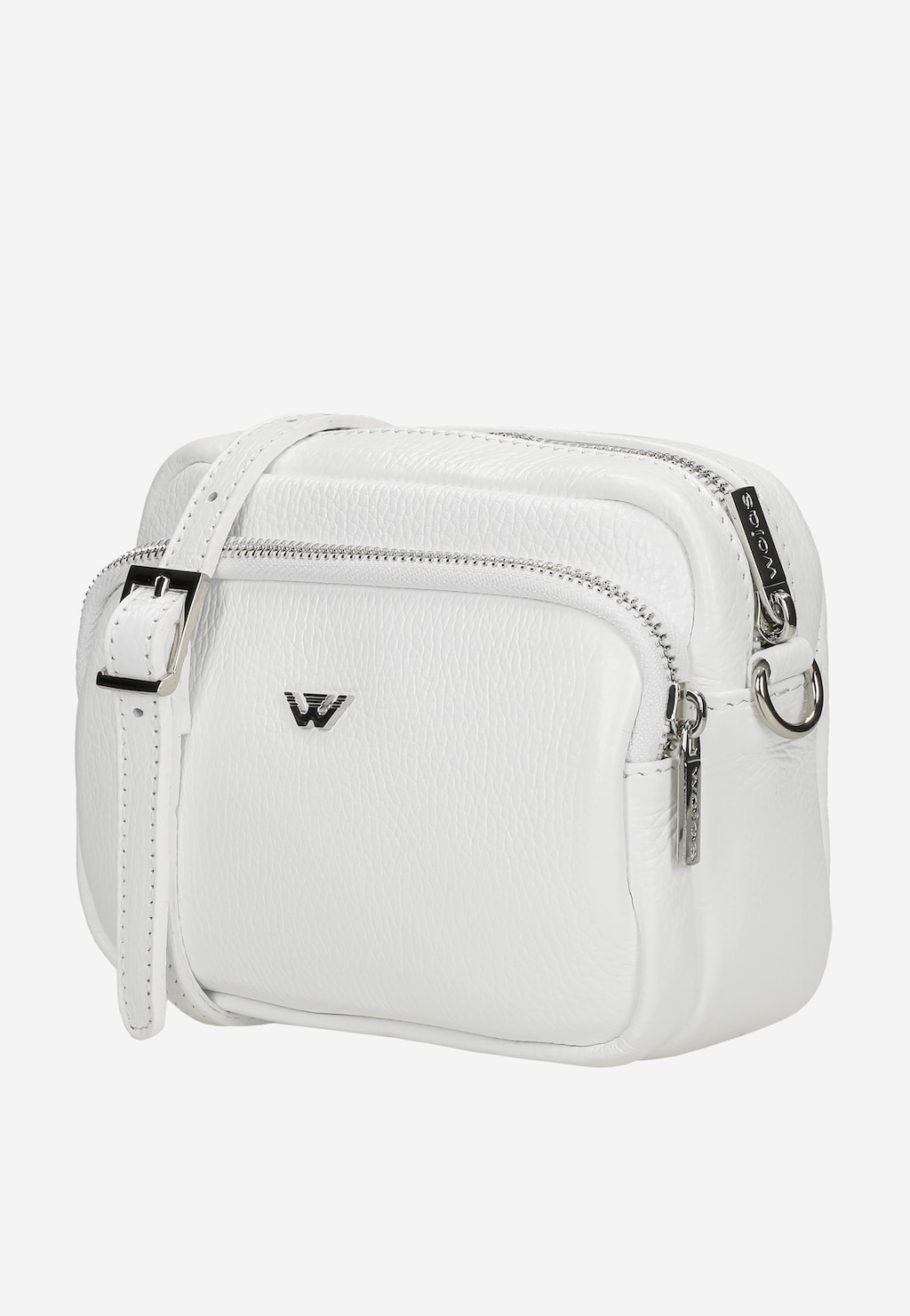 Mała biała skórzana torebka damska Wojas model 80317-50 z regulowanym paskiem, srebrnymi zamkami błyskawicznymi i charakterystycznym logo marki na przedniej kieszeni.