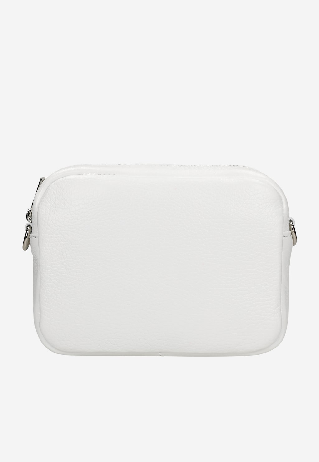 Mała biała skórzana torebka damska Wojas model 80317-50 z metalowymi okuciami, prostokątnego kształtu, z widocznym zamkiem i uchwytami po bokach.