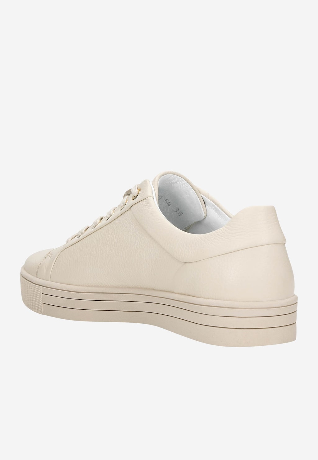 Beżowe trampki damskie Wojas model 46019-54 z widoczną skórzaną cholewką, białym wnętrzem i podeszwą na platformie, ukazane z boku, ozdobione subtelnymi złotymi detalami.