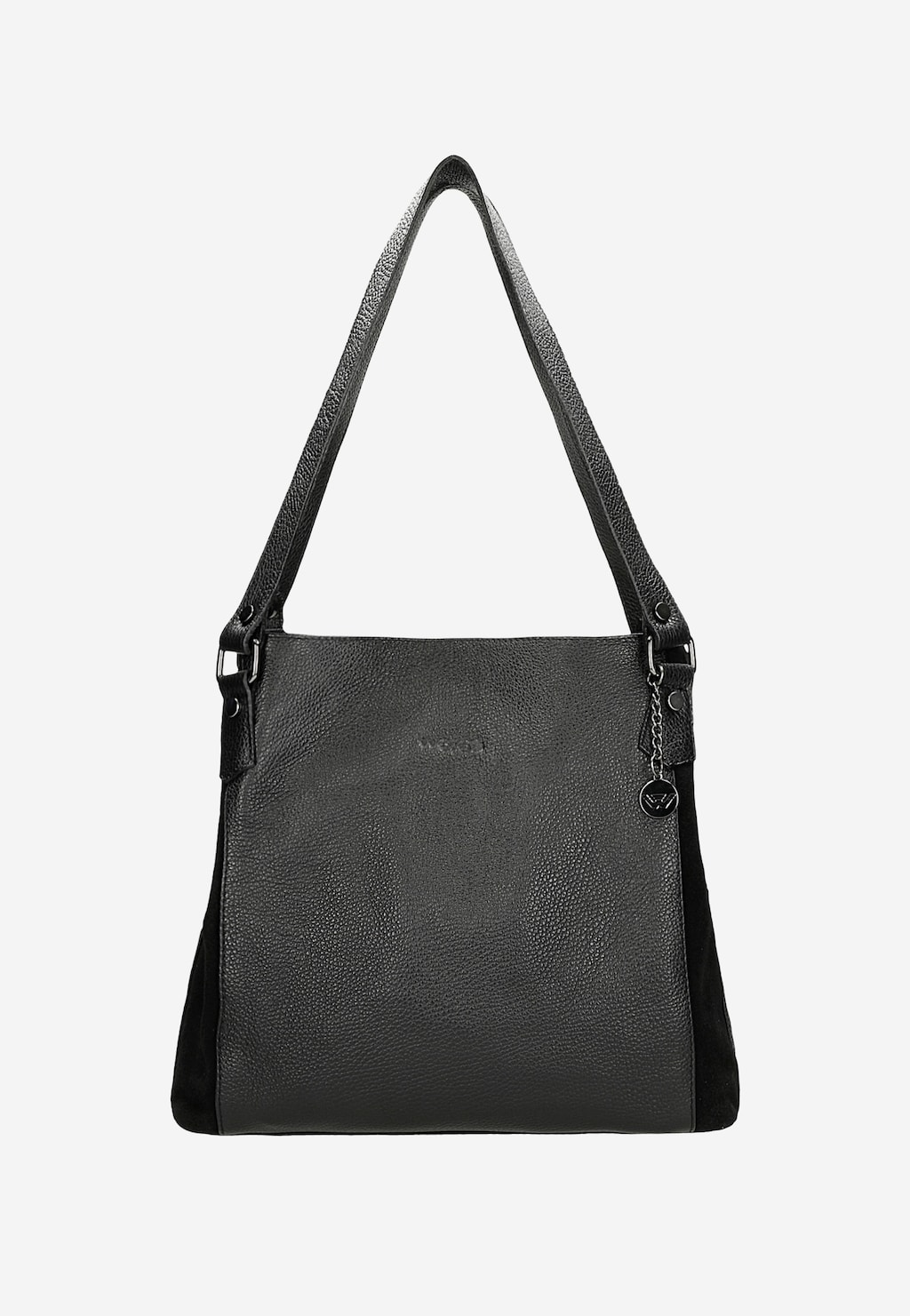 Duża czarna torebka damska Wojas model 9859-71 z teksturowanej skóry, z długim paskiem na ramię i metalowym logo marki na zawieszce.