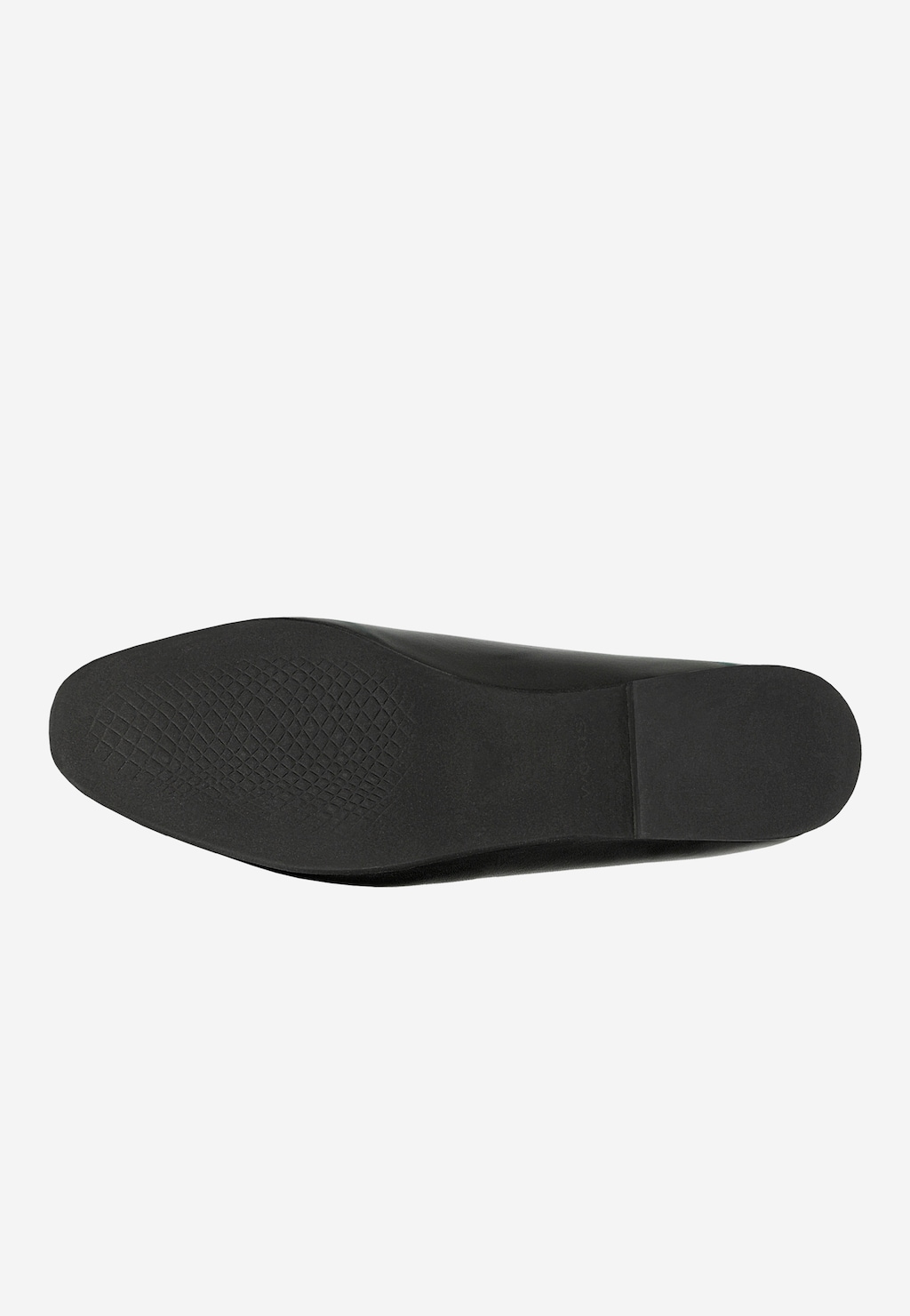 Podeszwa czarnych damskich balerinek Wojas model 44044-51 ze srebrnymi nitami, widok od spodu pokazujący wzór antypoślizgowy z charakterystycznym rombowym wzorem.