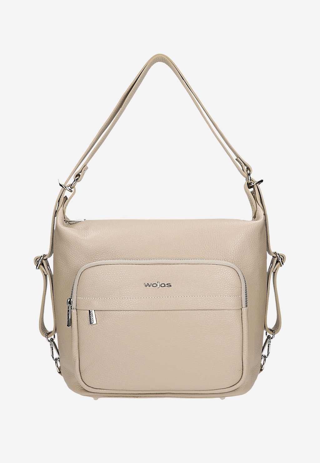 Beżowa torebka Wojas model 80127-54 ze skóry licowej, funkcjonalna wersja 2w1 (plecak i torebka) z regulowanymi paskami i zewnętrzną kieszenią zapinaną na zamek.