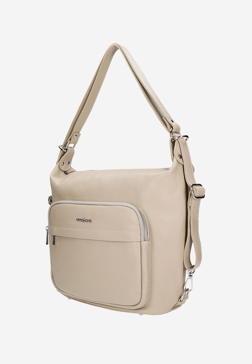 Beżowa torebka plecak 2w1 Wojas model 80127-54 ze skóry licowej z regulowanym paskiem, kieszenią zewnętrzną z zamkiem błyskawicznym i metalowymi okuciami.