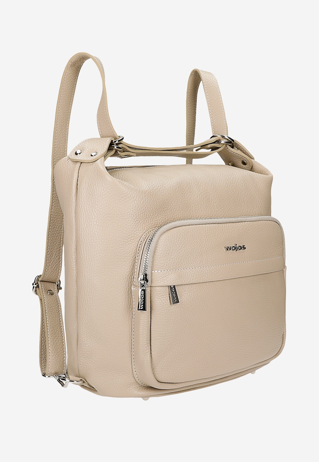 Beżowa torebka plecak Wojas 2w1 ze skóry licowej model 80127-54 z przednią kieszenią zapinaną na zamek, regulowanymi paskami i metalowymi okuciami.