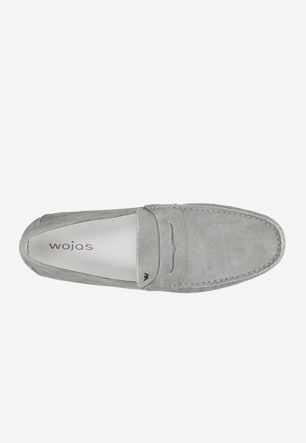 Popielate mokasyny męskie Wojas model 10191-60 w ujęciu z góry, wykonane z zamszowej skóry, z widocznym logo marki na jasnej wyściółce i charakterystycznym paskiem na wierzchu.