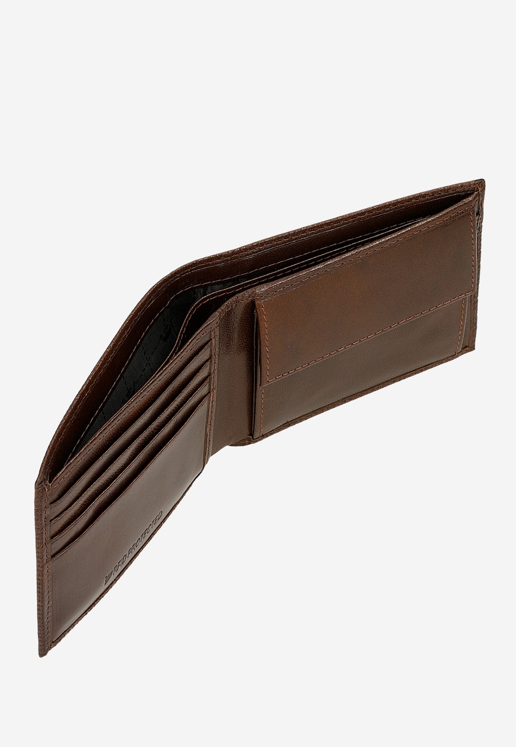 Duży brązowy portfel męski Wojas 91109-52 z tłoczonej skóry, otwarty, ukazujący wewnętrzne przegrody na karty i dokumenty oraz eleganckie przeszycia.