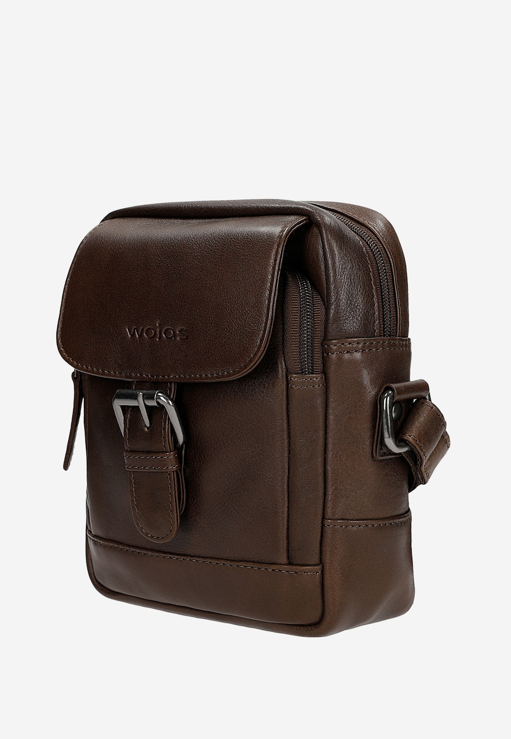 Mała brązowa torba męska Wojas model 90028-52 ze skóry naturalnej, z wytłoczonym logo, klapą, metalowymi klamrami i paskiem na ramię.