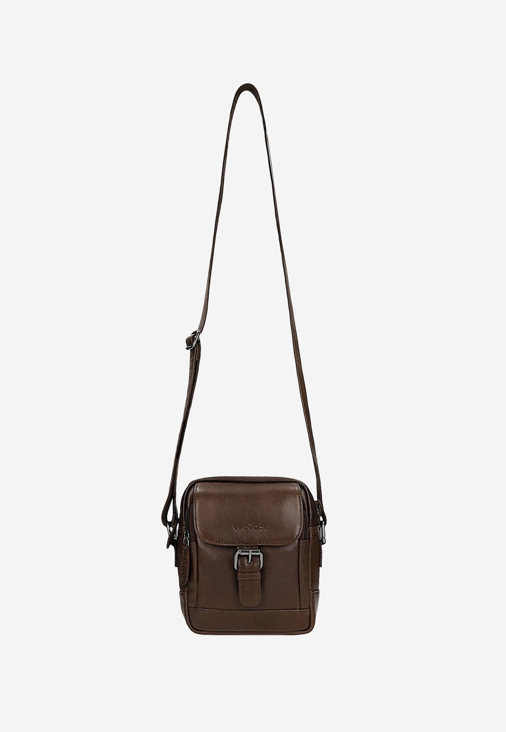 Elegancka brązowa torba męska Wojas model 90028-52 ze skóry naturalnej z regulowanym paskiem i klamrą na klapie, idealna do noszenia przez ramię.