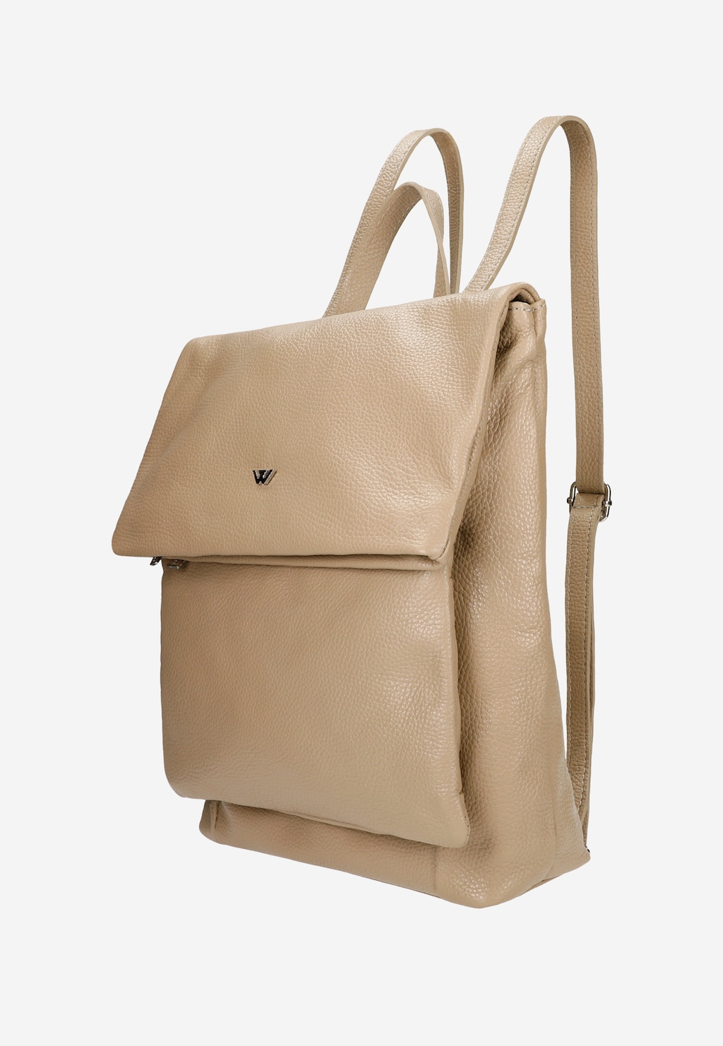 Beżowy skórzany plecak miejski Wojas model 80435-54 z widocznym logo W na klapie, wykonany z fakturowanej skóry, z regulowanymi szelkami i eleganckim minimalistycznym designem.