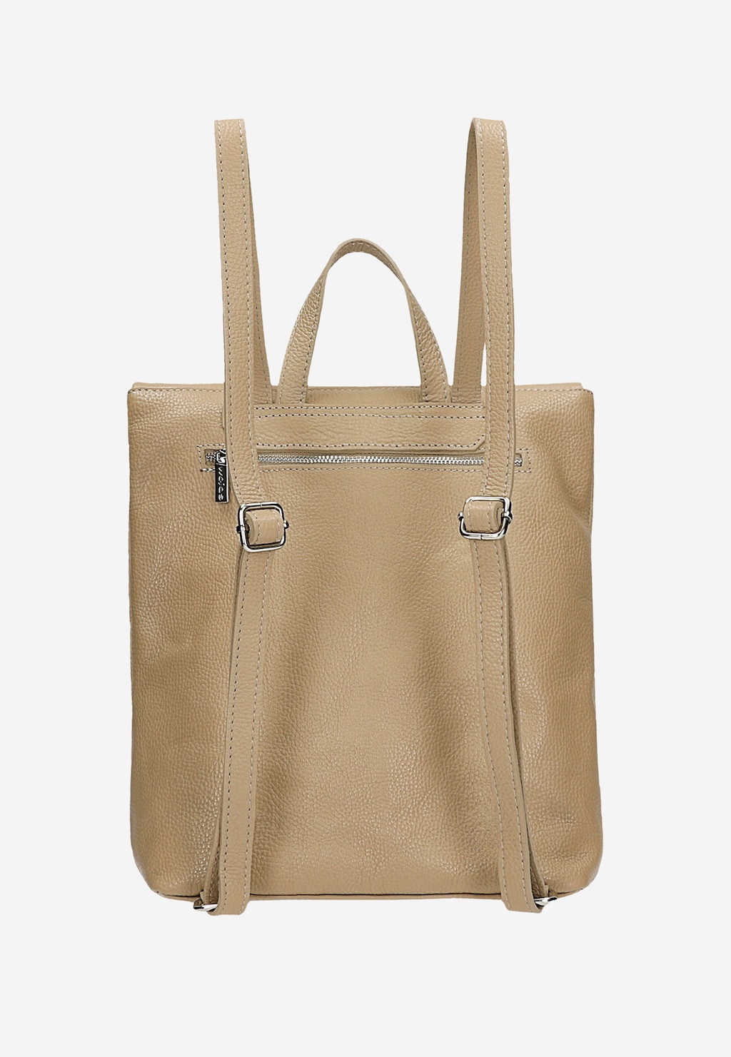 Beżowy skórzany plecak miejski Wojas model 80435-54 z przednią kieszenią na zamek błyskawiczny i regulowanymi szelkami, widok od tyłu ukazujący praktyczne zapięcia.