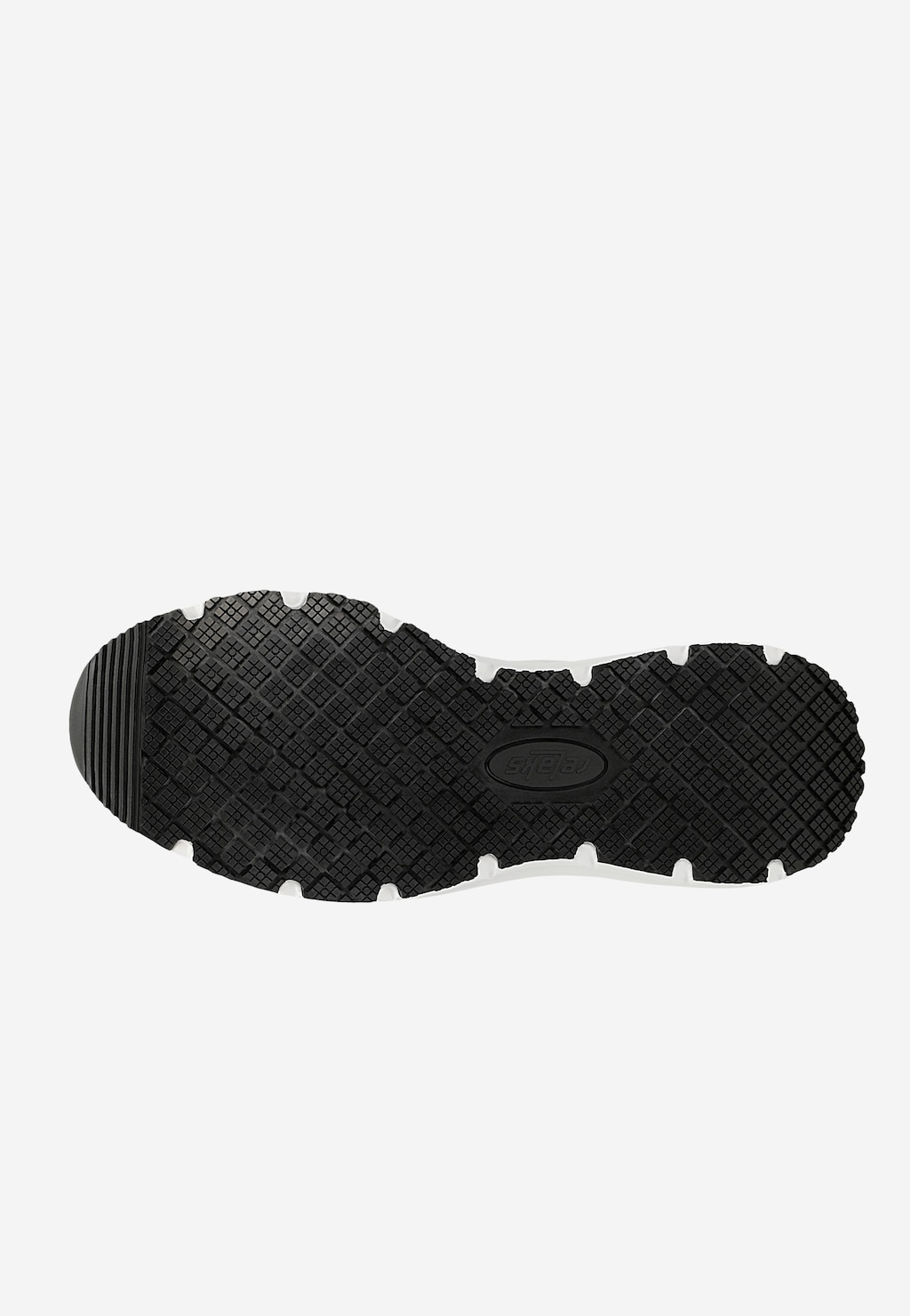 Podeszwa białych sneakersów RELAKS model R4617019 z czarną antypoślizgową powierzchnią, charakterystycznym wzorem bieżnika i logo marki, zapewniająca dobrą przyczepność.