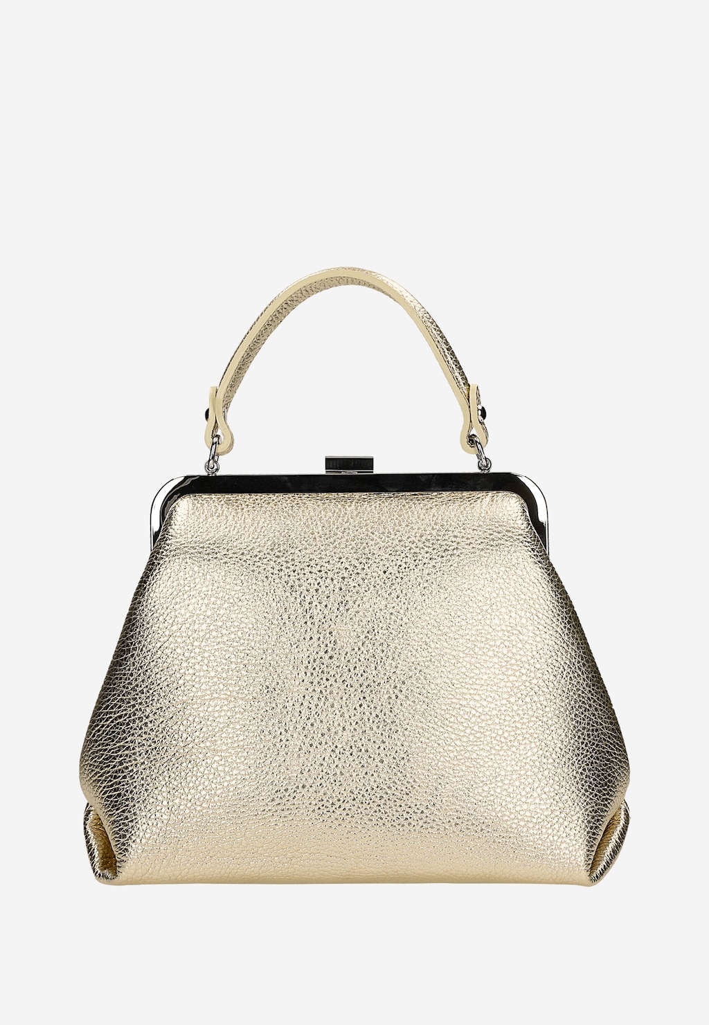 Mała złota torebka Wojas model 80257-58 typu frame bag z metalowym zapięciem na górze i krótkim uchwytem. Eleganckie wykończenie z fakturą na złotej skórze.