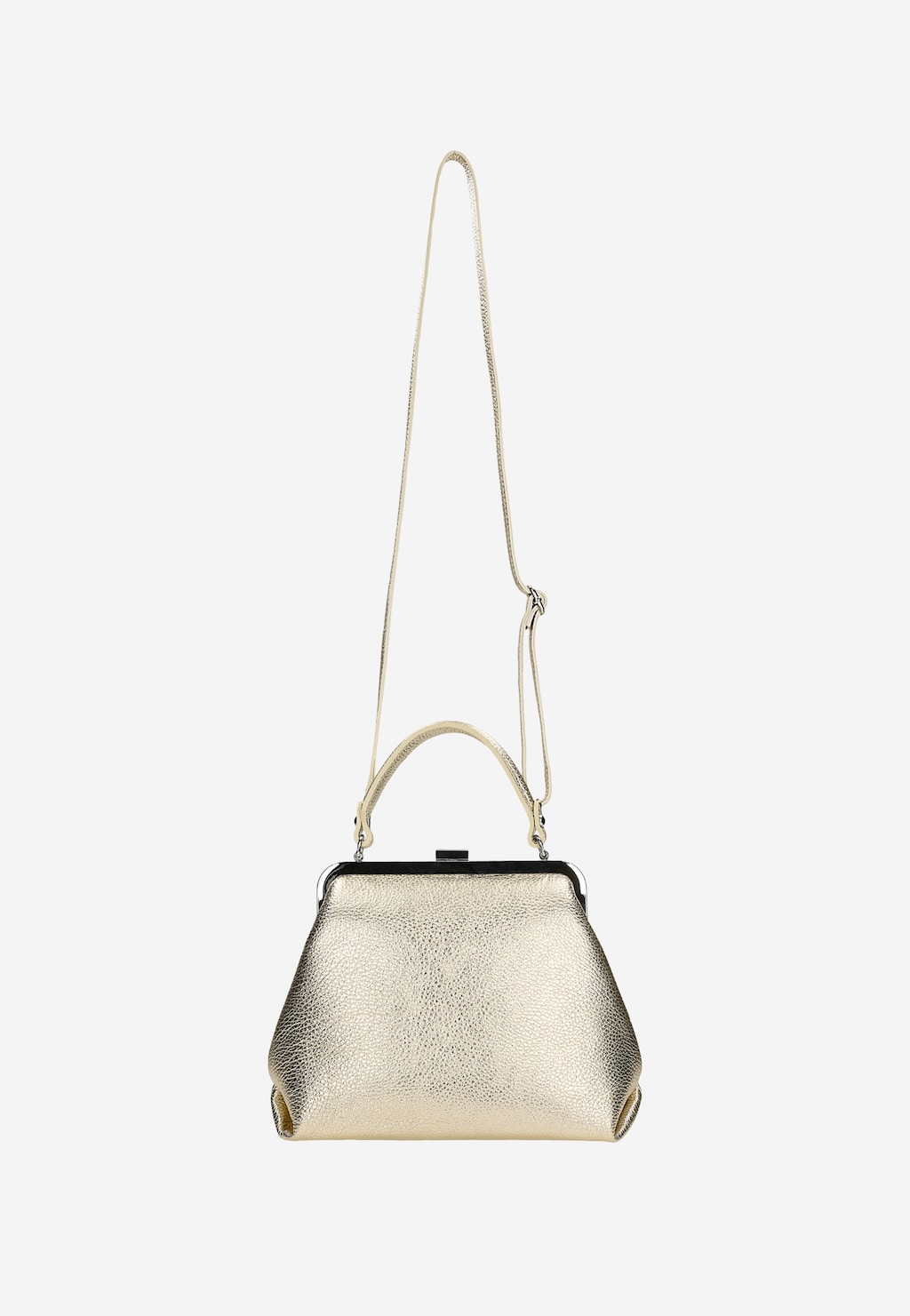 Elegancka złota torebka Wojas model 80257-58 typu frame bag z metalowym zapięciem, widoczna z długim odpinanym paskiem i krótkim uchwytem do noszenia w dłoni.