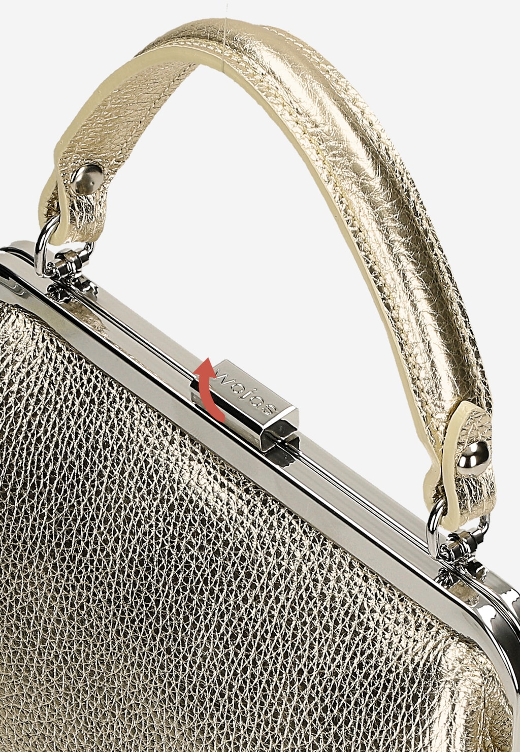 Mała złota torebka Wojas model 80257-58 typu frame bag ze srebrzystym zapięciem. Widoczna teksturowana powierzchnia i metalowy uchwyt torebki z logo marki.