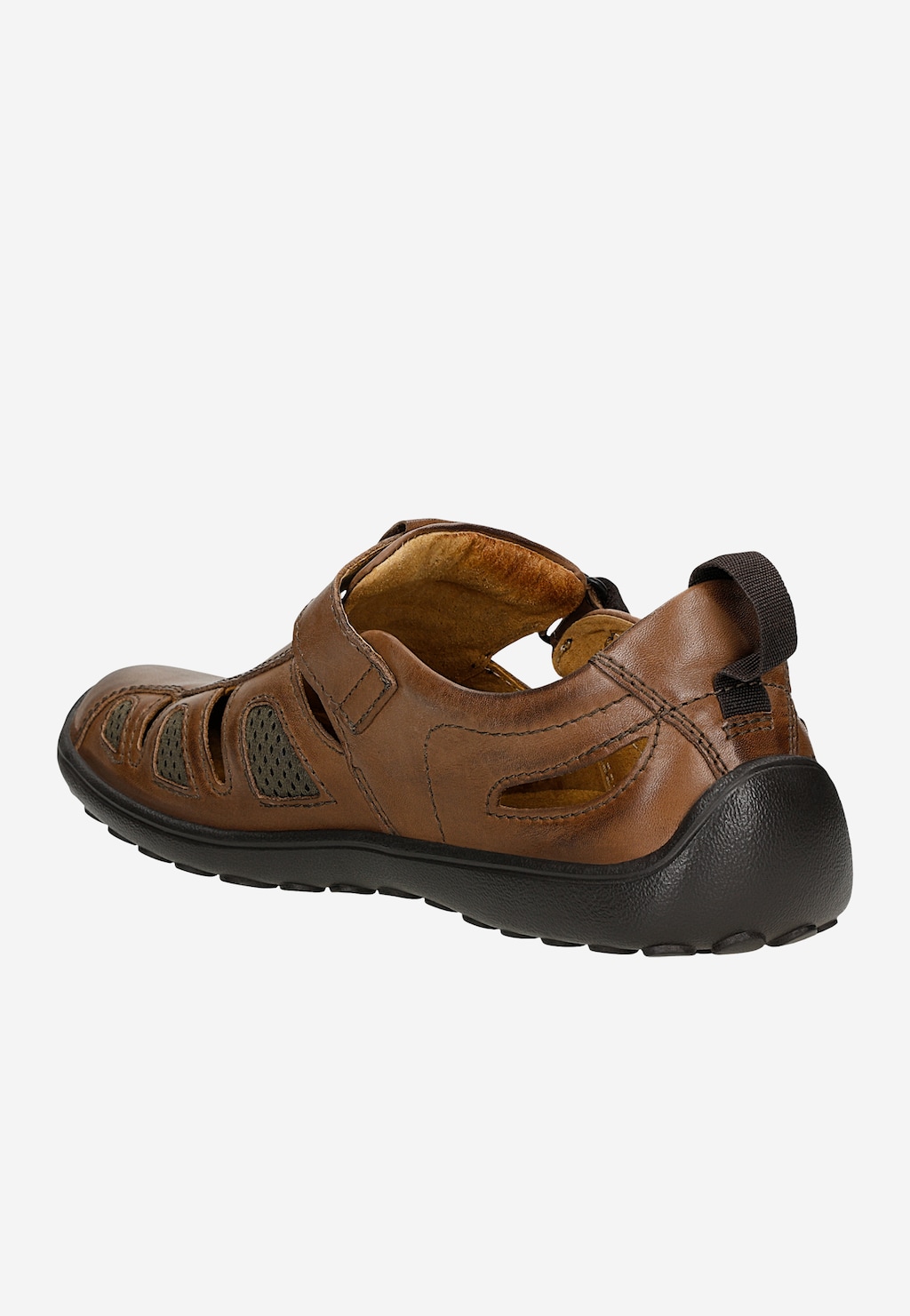 Brązowe skórzane półbuty Wojas model 2156-07 typu comfort z boku, widoczne perforowane wstawki, zapięcie na rzep oraz charakterystyczna czarna podeszwa.