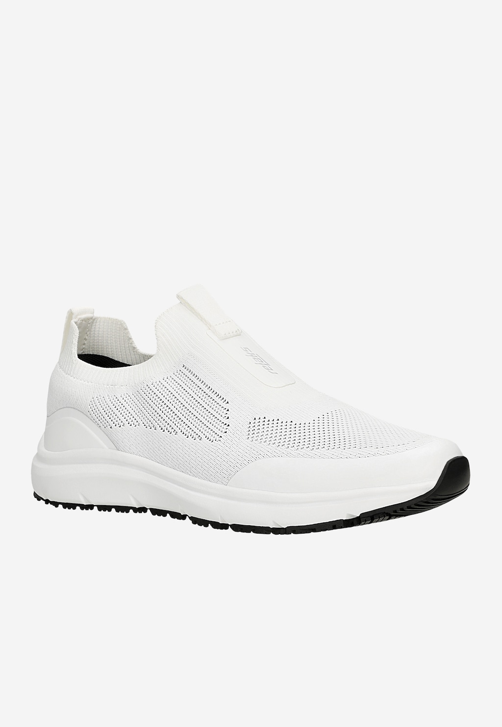 Białe wsuwane sneakersy RELAKS z dzianinowej siateczki, model R46169-19, z charakterystyczną czarną podeszwą i elastycznym kołnierzem, widok z boku.