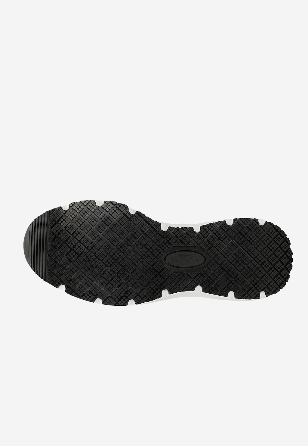 Czarna podeszwa sneakersów RELAKS R46169-19 z charakterystycznym wzorem bieżnika i logo marki, część białych wsuwanych butów z materiałową cholewką.