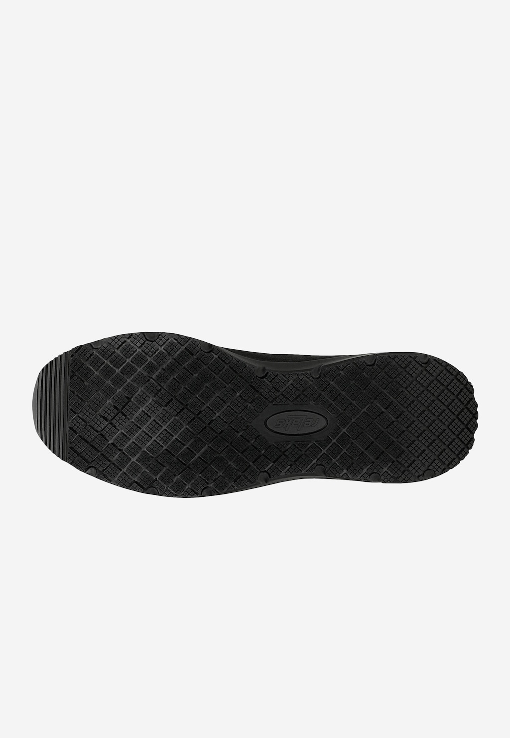 Czarna, antypoślizgowa podeszwa butów RELAKS R46169-11, z charakterystycznym wzorem kratki zapewniającym przyczepność. Widok od spodu czarnych wsuwanych sneakersów siateczkowych.