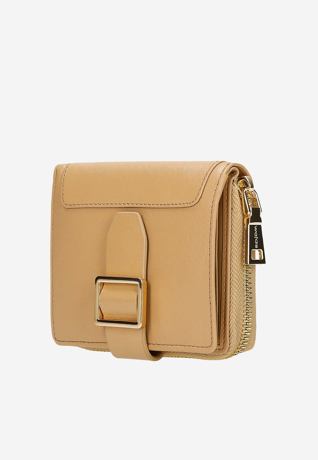 Mały beżowy portfel damski Wojas model 91106-54 wykonany ze skóry, z klamrą na przodzie i złotym zamkiem błyskawicznym, widok z boku ukazujący elegancki design.