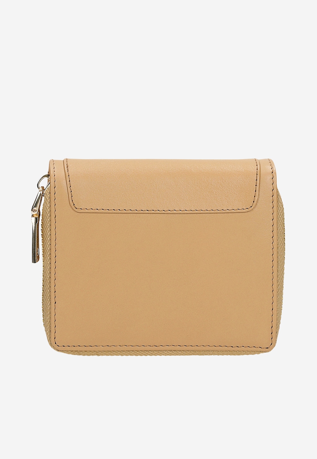 Mały beżowy portfel damski Wojas model 91106-54, wykonany z gładkiej skóry, widok z tyłu z metalowym zamkiem błyskawicznym i dekoracyjnymi przeszyciami.