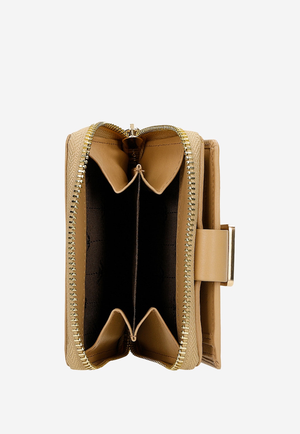 Wnętrze beżowego skórzanego portfela damskiego Wojas model 91106-54 z zamkiem na złoty suwak, widoczne przegrody i mocowanie na klamrę.