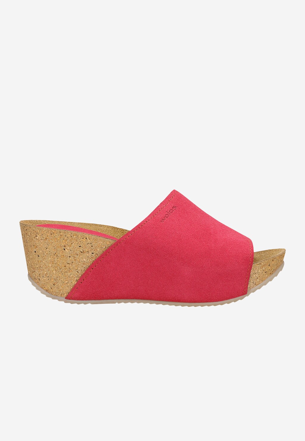 Różowe klapki damskie Wojas model 74021-65 na koturnie z korka. Wykonane z zamszu, z wygodną wkładką i profilowaną podeszwą, widoczne z boku.