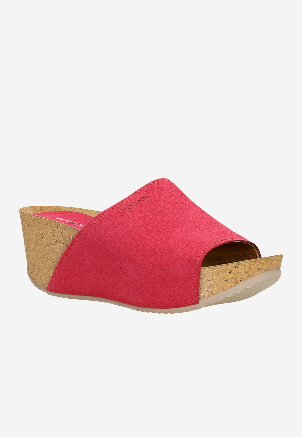Różowe klapki damskie Wojas 74021-65 na koturnie z korka, wykonane z zamszu, z otwartym noskiem, widok z boku ukazujący charakterystyczną platformę i wygodną konstrukcję.
