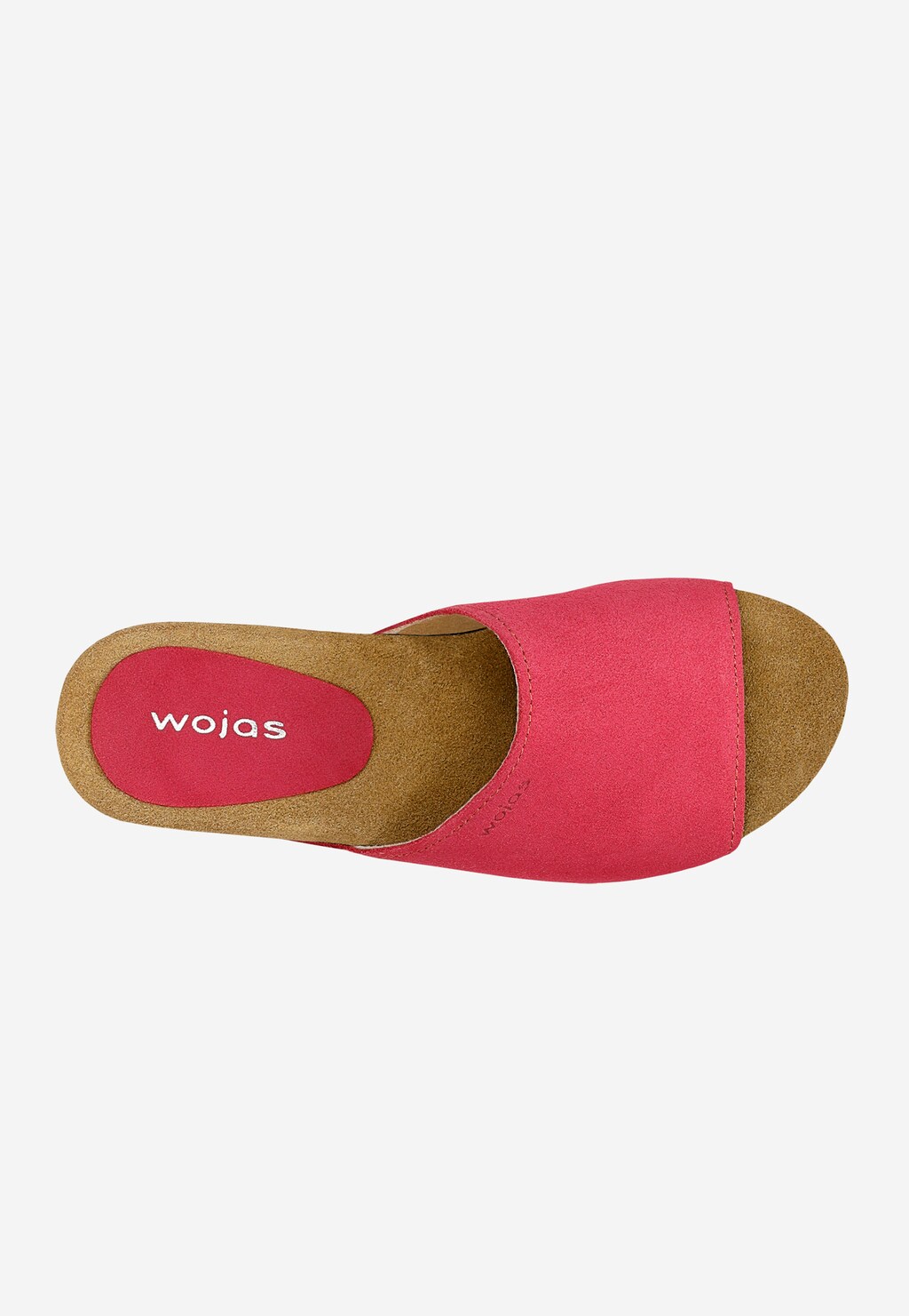 Różowe klapki damskie Wojas model 74021-65 na koturnie z widokiem z góry. Szeroki różowy pasek z zamszu na brązowej wkładce z logo marki Wojas.