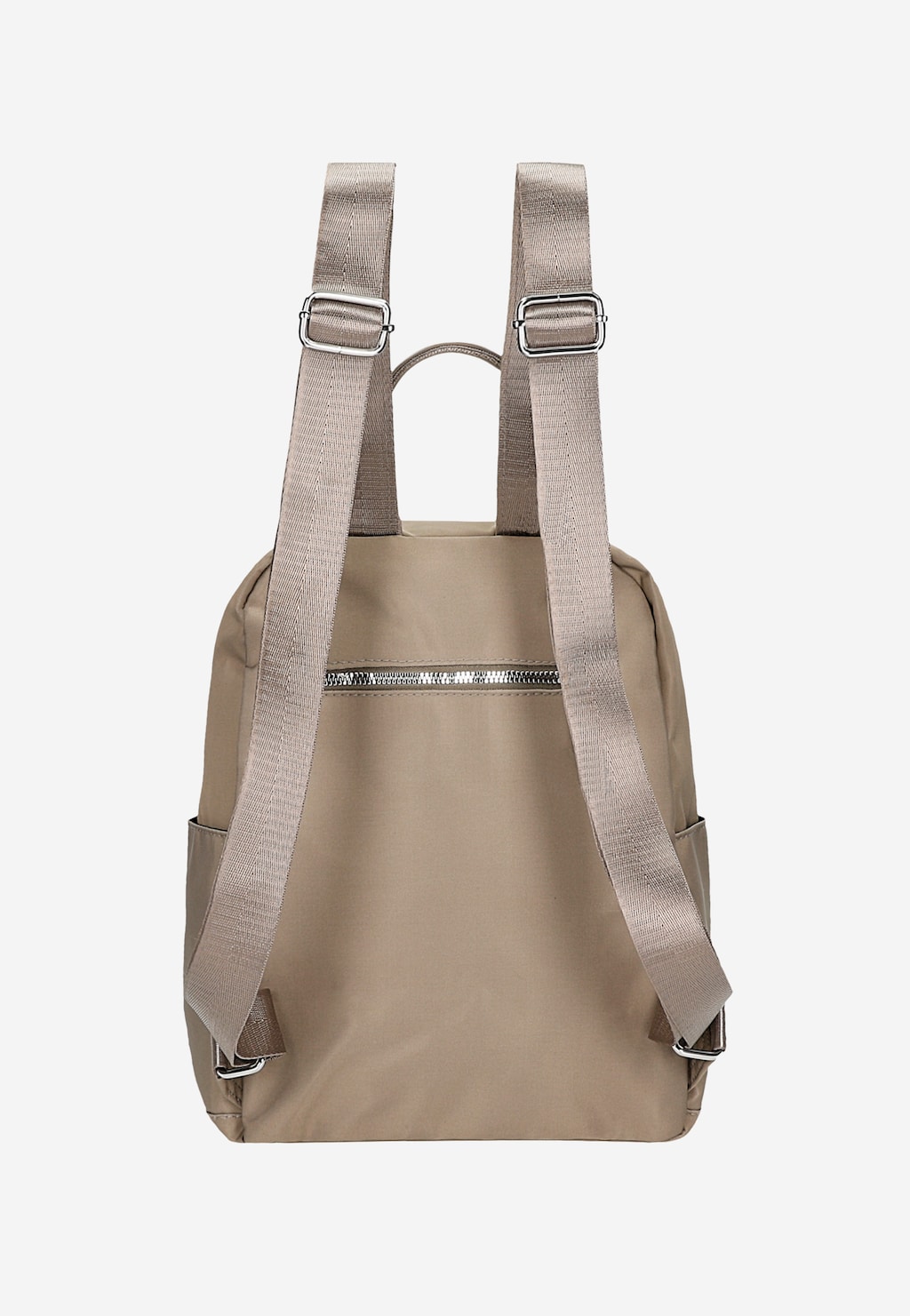 Beżowy plecak miejski RELAKS R90004-14 widok od tyłu, z regulowanymi szelkami i małą kieszenią zapinaną na zamek, wykonany z materiału tekstylnego.
