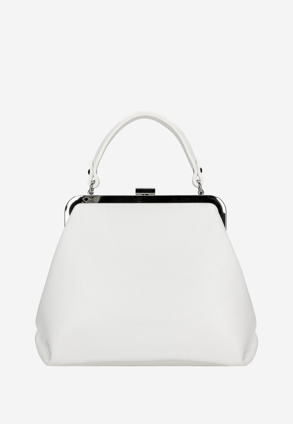 Elegancka biała torebka Wojas model 80257-59 typu frame bag z metalowym zapięciem i srebrną ramką, wykonana z miękkiej skóry, z krótkim uchwytem do noszenia w dłoni.