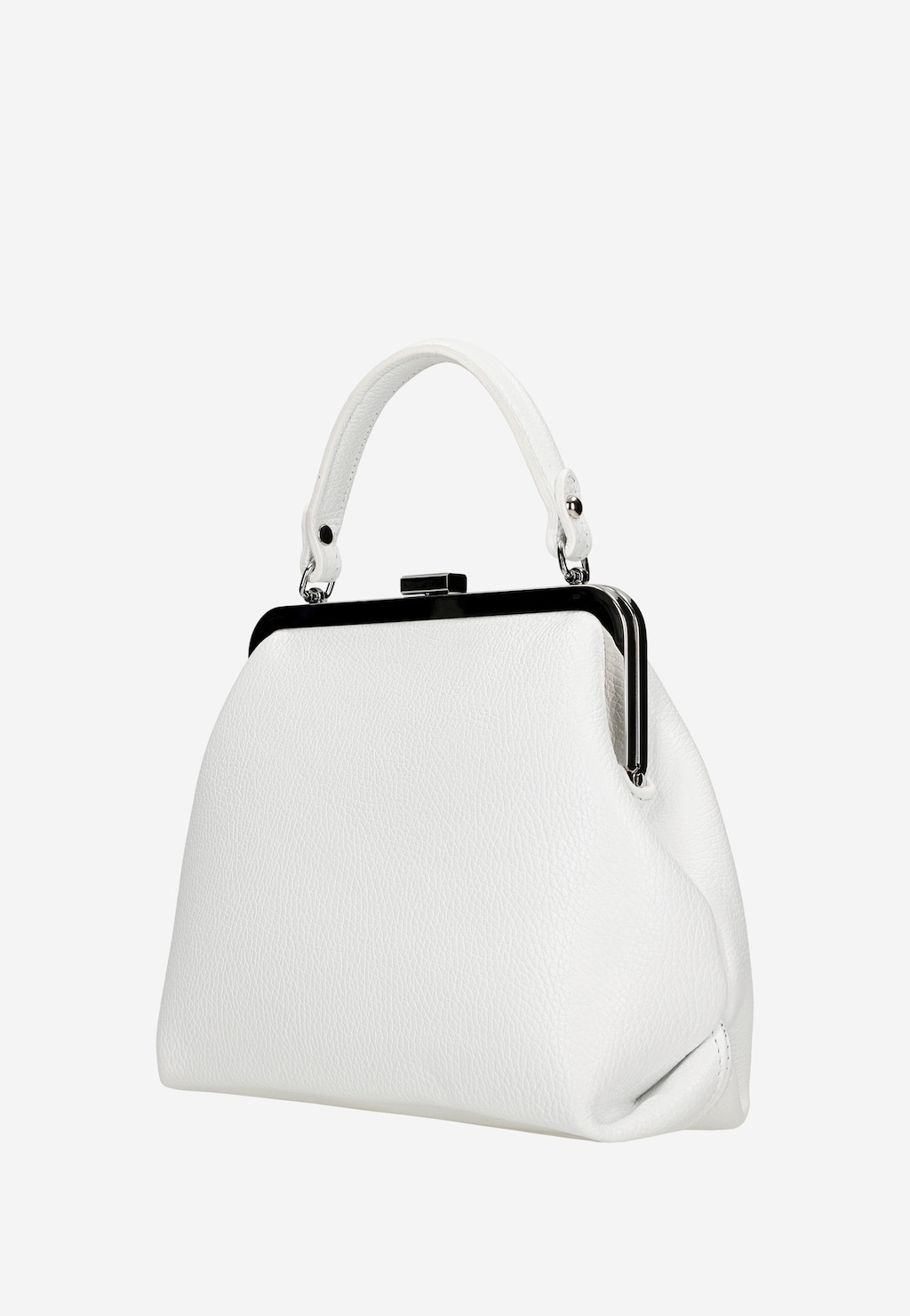 Biała elegancka torebka skórzana Wojas model 80257-59 typu frame bag z czarnym metalowym zapięciem i krótkim uchwytem, ukazana z profilu.