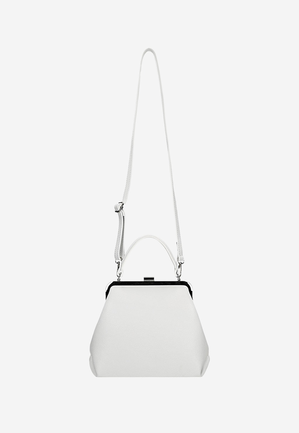 Elegancka biała skórzana torebka Wojas model 80257-59 typu frame bag z czarnym zapięciem i długim paskiem na ramię, idealna do noszenia na co dzień lub specjalne okazje.