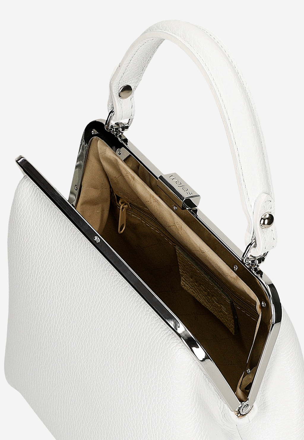 Biała skórzana torebka Wojas model 80257-59 typu frame bag z metalowym zapięciem, otwarta z widocznym beżowym wnętrzem z kieszonką na zamek błyskawiczny.