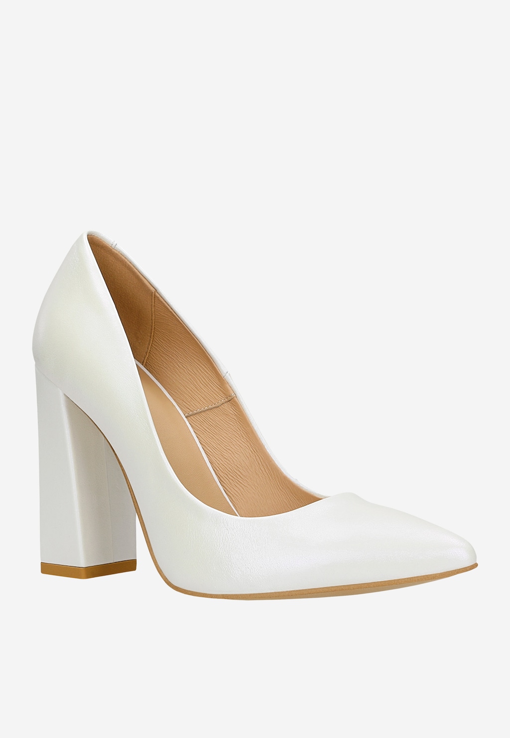 Biele lodičky kožené na vysokom opätku s perleťovým leskom 35039-59 Widok 2