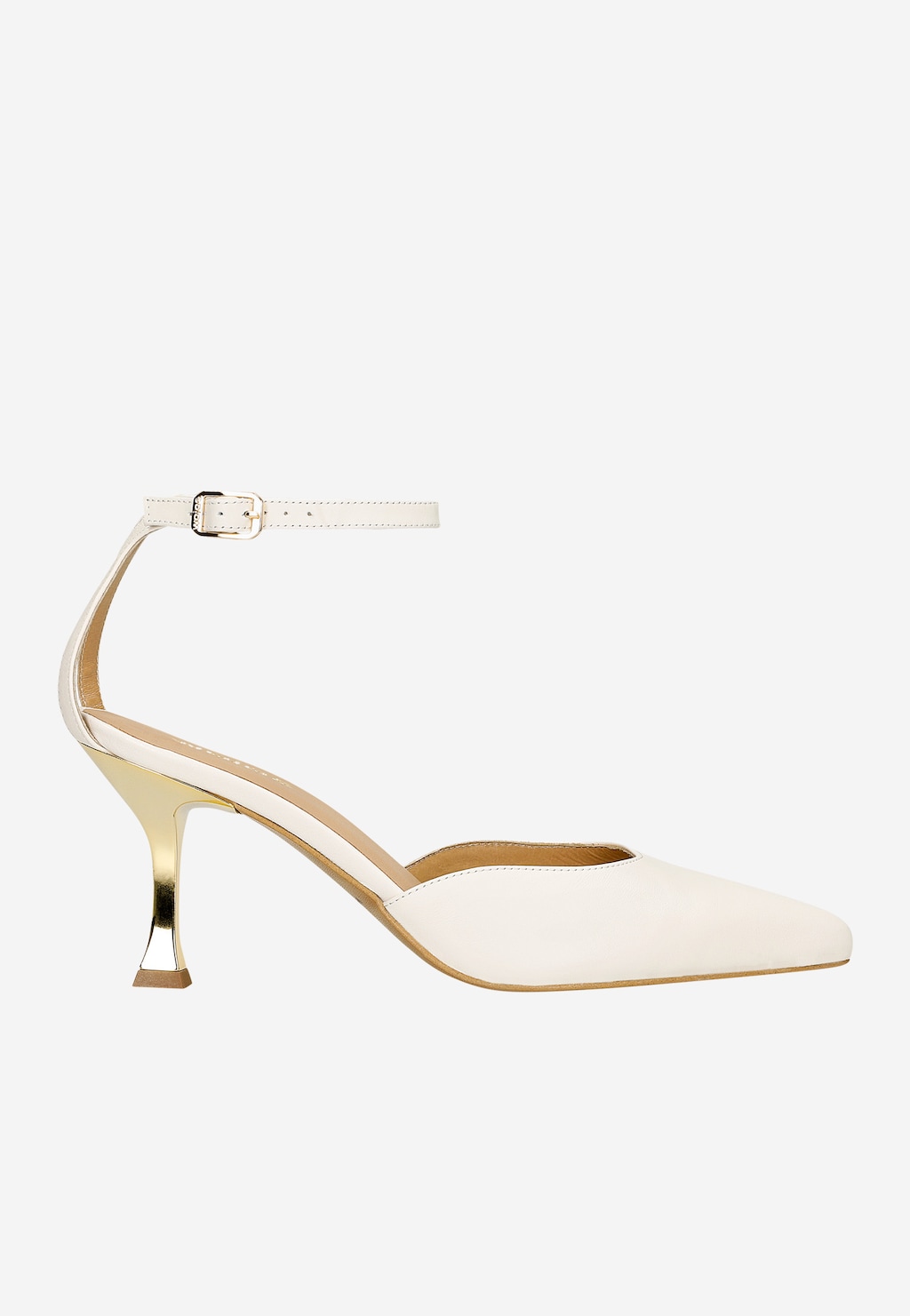 Białe skórzane czółenka Wojas model 35170-59 z eleganckim złotym obcasem i smukłym paskiem wokół kostki zapinane na złotą klamerkę, widok z boku.